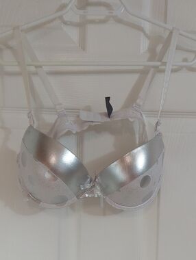 Silver Shiny Push-Up Bra with Polka Dot Accents